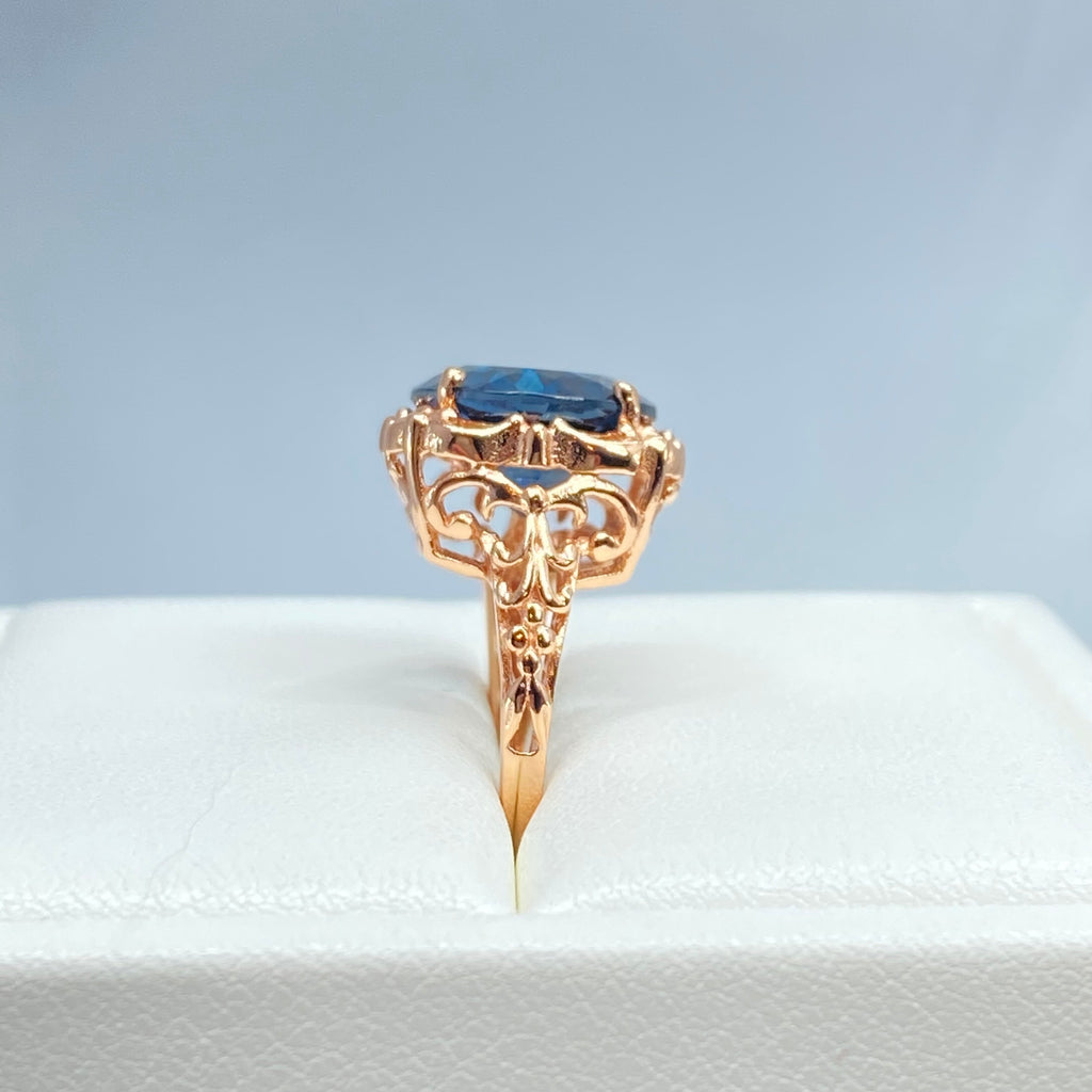 Natural London Blue Topaz Ring, Speechless Design #D103, Rose Gold plated Sterling Silver Filigree, Vintage Jewelry, Silver Embrace Jewelry