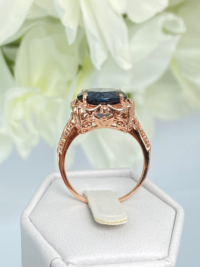 Natural London Blue Topaz Ring, Speechless Design #D103, Rose Gold plated Sterling Silver Filigree, Vintage Jewelry, Silver Embrace Jewelry