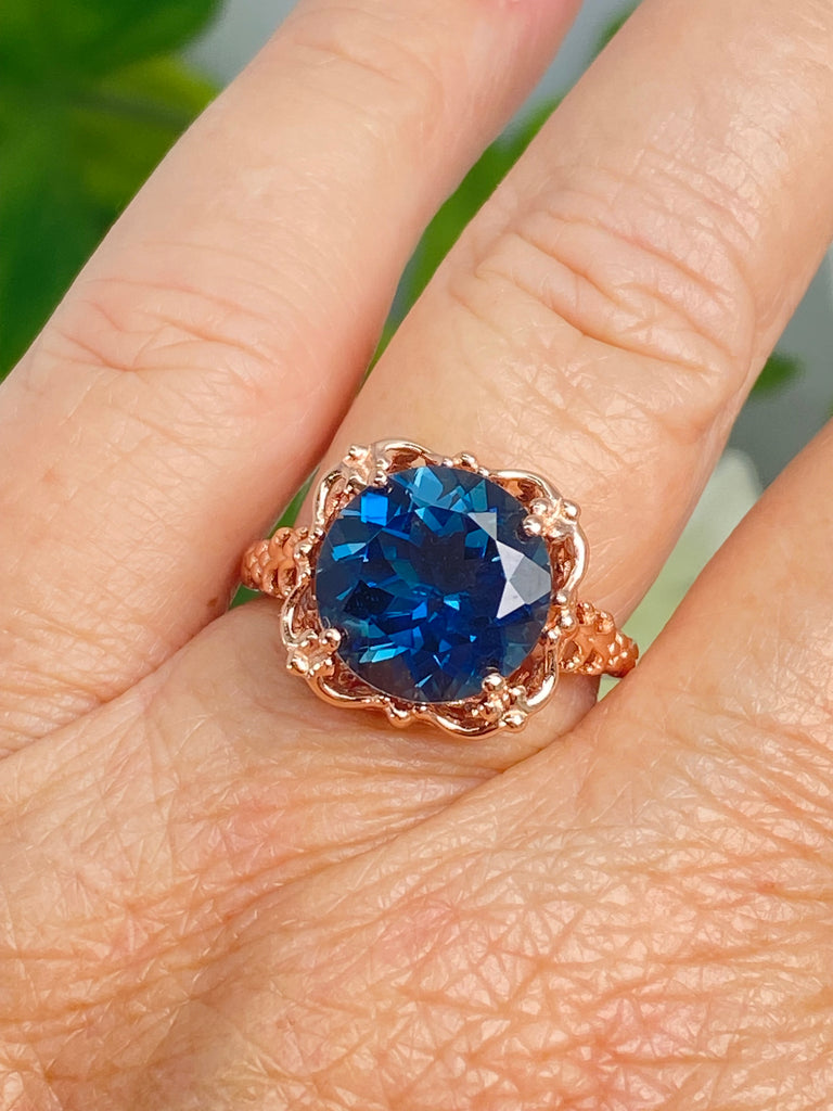 Natural London Blue Topaz Ring, Speechless Design #D103, Rose Gold plated Sterling Silver Filigree, Vintage Jewelry, Silver Embrace Jewelry