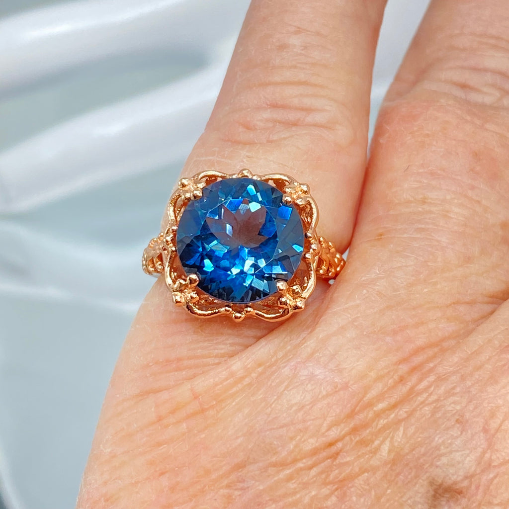 Natural London Blue Topaz Ring, Speechless Design #D103, Rose Gold plated Sterling Silver Filigree, Vintage Jewelry, Silver Embrace Jewelry