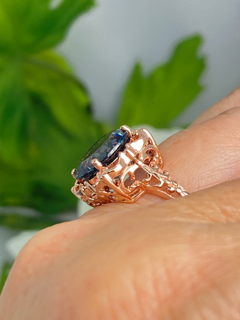 Natural London Blue Topaz Ring, Speechless Design #D103, Rose Gold plated Sterling Silver Filigree, Vintage Jewelry, Silver Embrace Jewelry