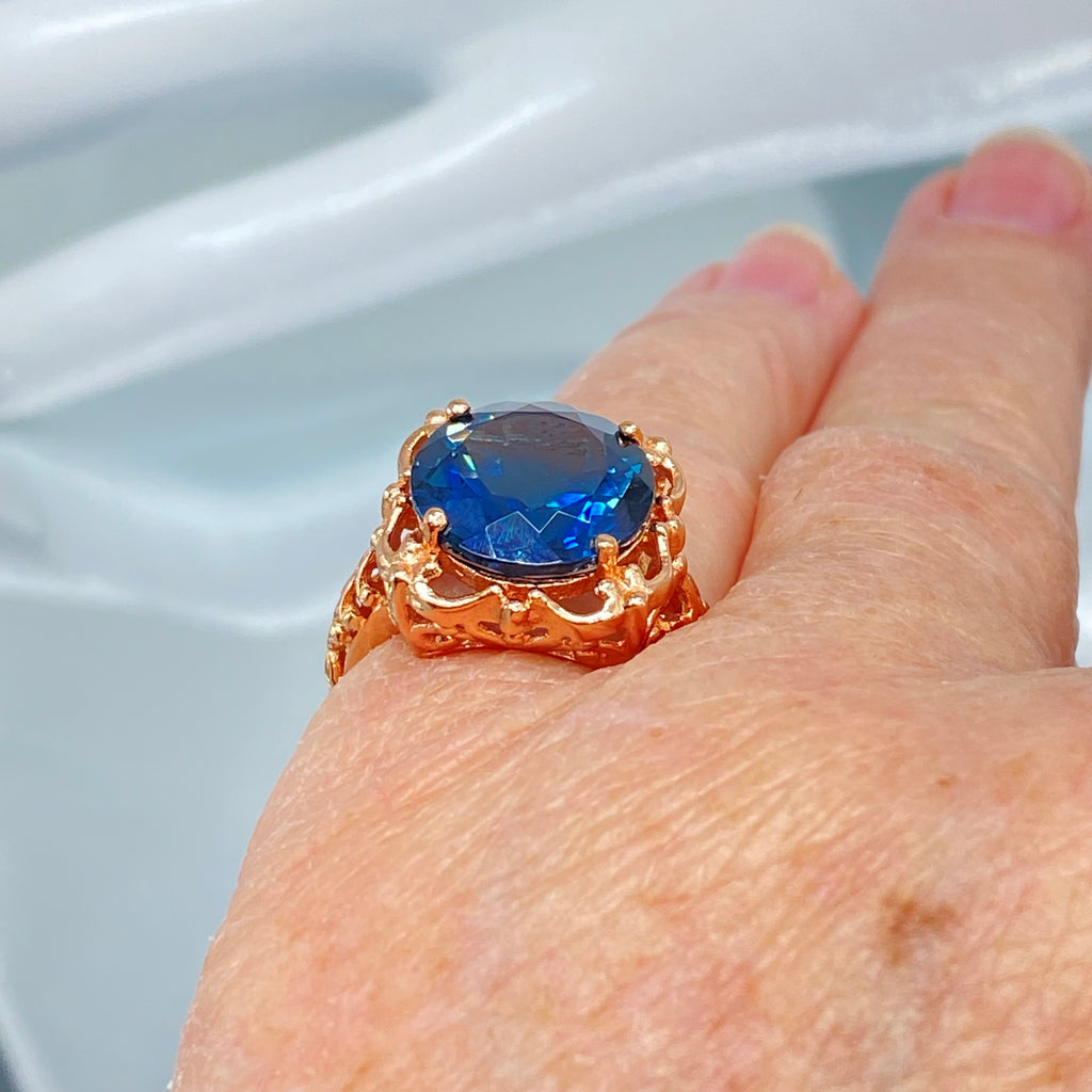 Natural London Blue Topaz Ring, Speechless Design #D103, Rose Gold plated Sterling Silver Filigree, Vintage Jewelry, Silver Embrace Jewelry