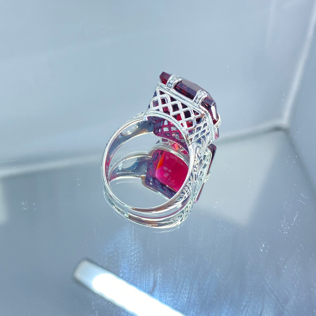 Ruby Ring, 6 Prong style, Art Deco Jewelry, Sterling silver filigree, Silver Embrace jewelry, D104