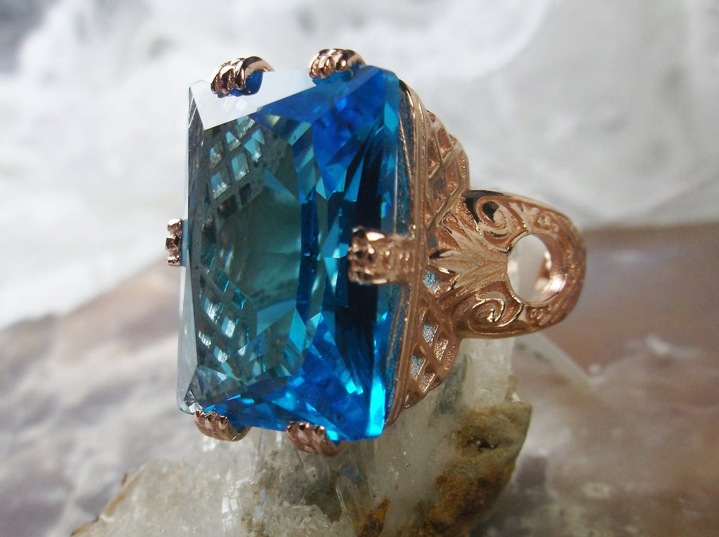 Swiss Blue Topaz Ring, 6Prong Ring, Rose Gold plated Sterling Silver,Art Deco Ring, Vintage style Jewelry, Silver Embrace Jewelry, D104
