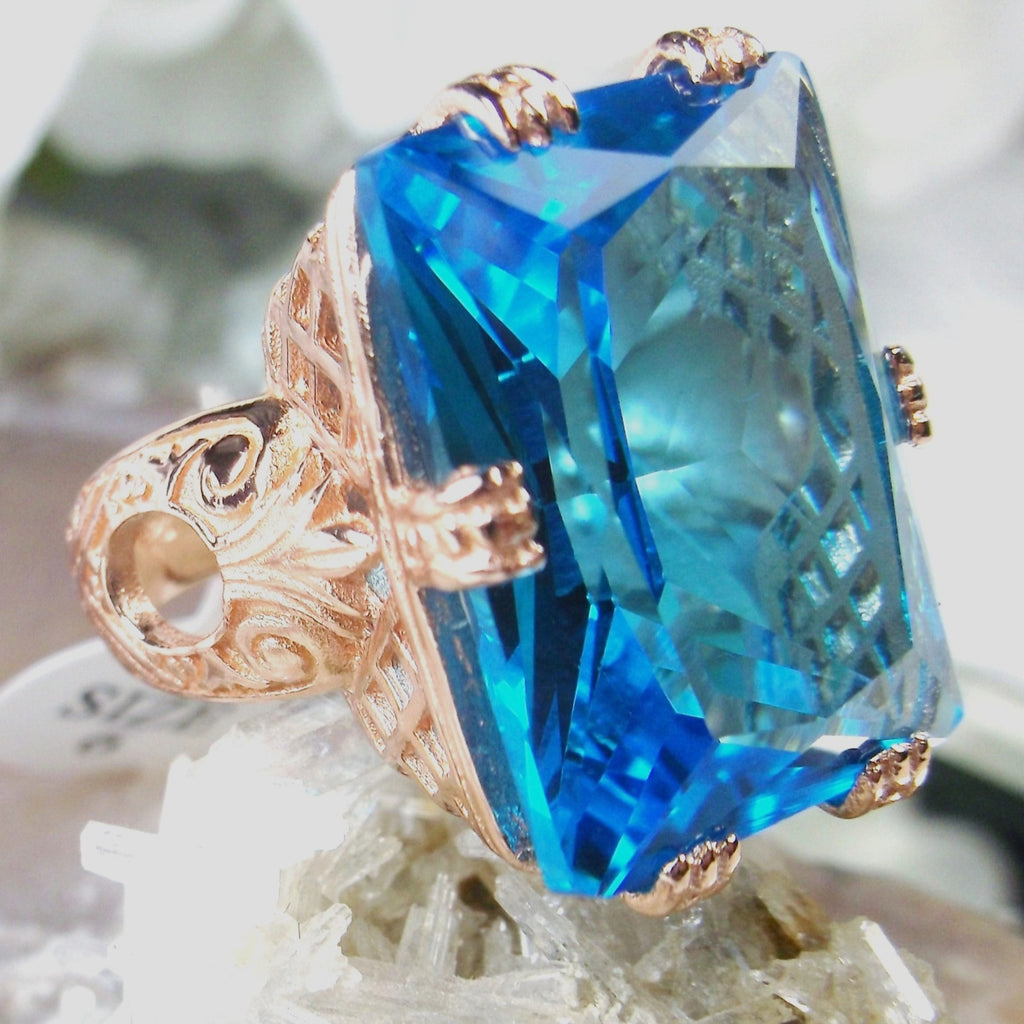 Swiss Blue Topaz Ring, 6Prong Ring, Rose Gold plated Sterling Silver,Art Deco Ring, Vintage style Jewelry, Silver Embrace Jewelry, D104