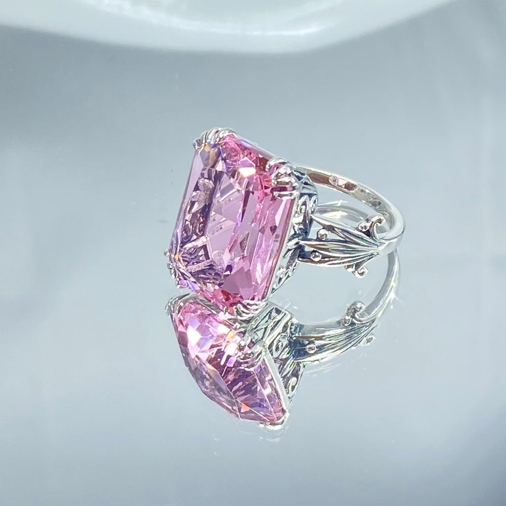 Pink Topaz ring, Luv Design, Rectangle Cushion Cut Gem, Art Nouveau Sterling Silver Filigree, Silver Embrace Jewelry, D109