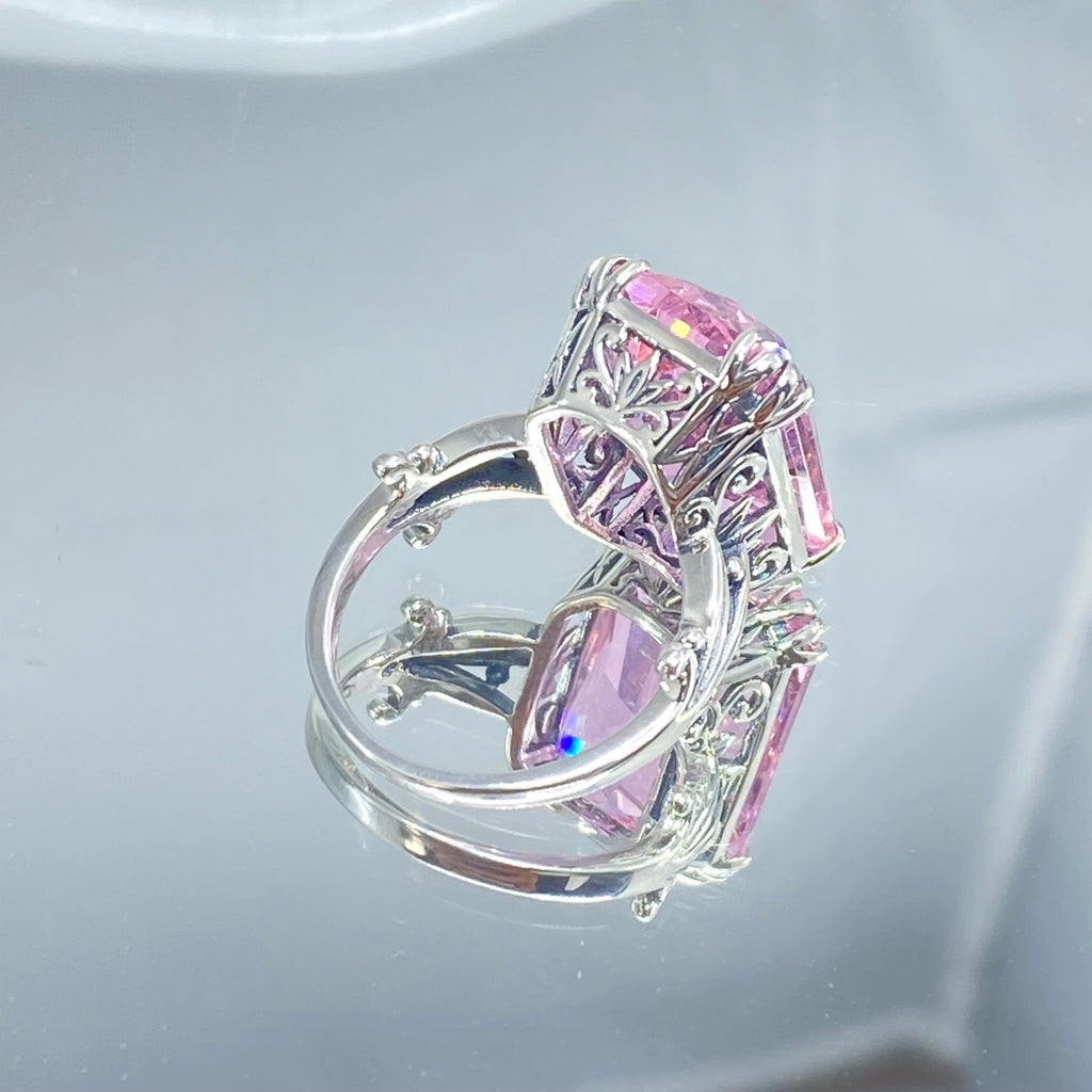 Pink Topaz ring, Luv Design, Rectangle Cushion Cut Gem, Art Nouveau Sterling Silver Filigree, Silver Embrace Jewelry, D109