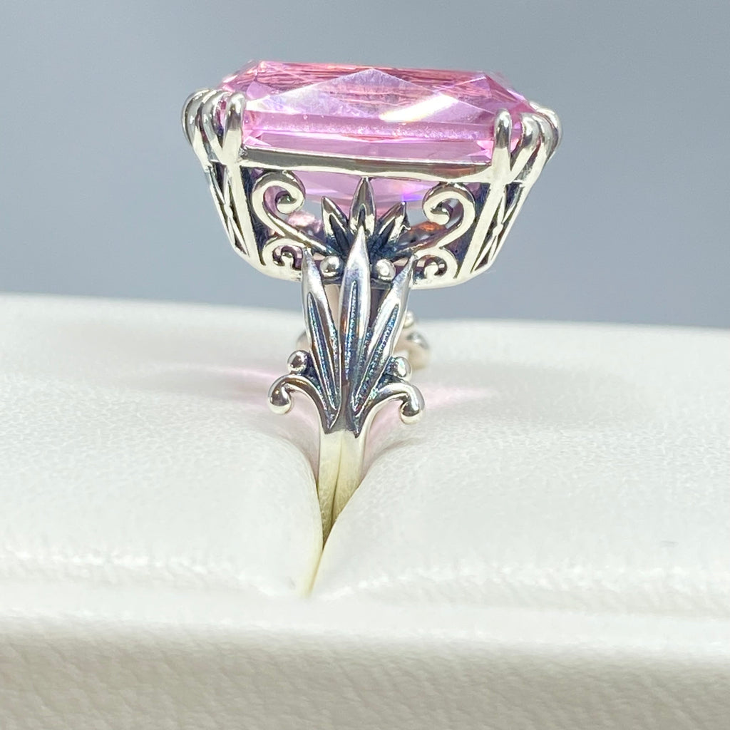 Pink Topaz ring, Luv Design, Rectangle Cushion Cut Gem, Art Nouveau Sterling Silver Filigree, Silver Embrace Jewelry, D109