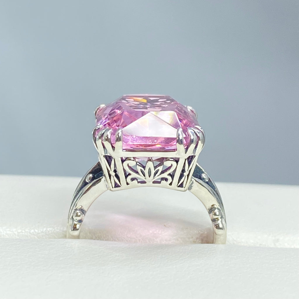 Pink Topaz ring, Luv Design, Rectangle Cushion Cut Gem, Art Nouveau Sterling Silver Filigree, Silver Embrace Jewelry, D109