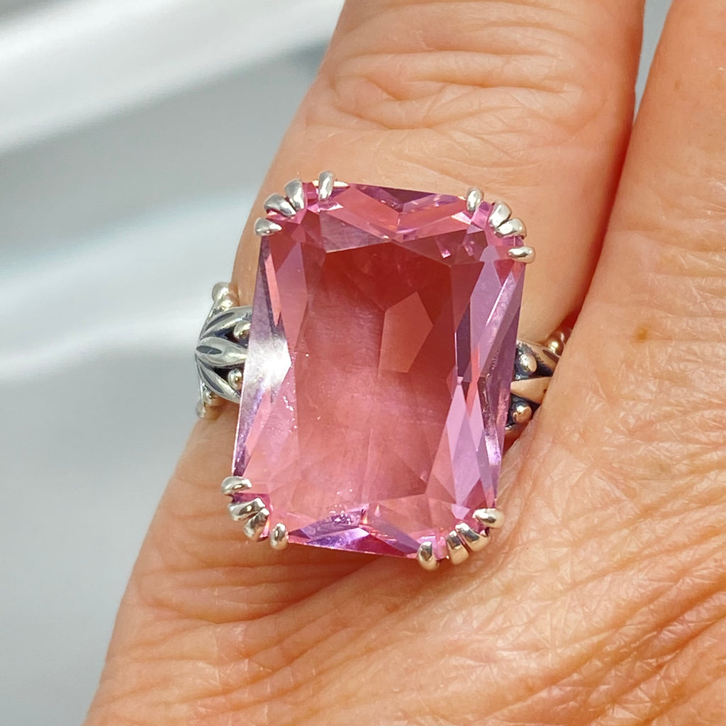 Pink Topaz ring, Luv Design, Rectangle Cushion Cut Gem, Art Nouveau Sterling Silver Filigree, Silver Embrace Jewelry, D109