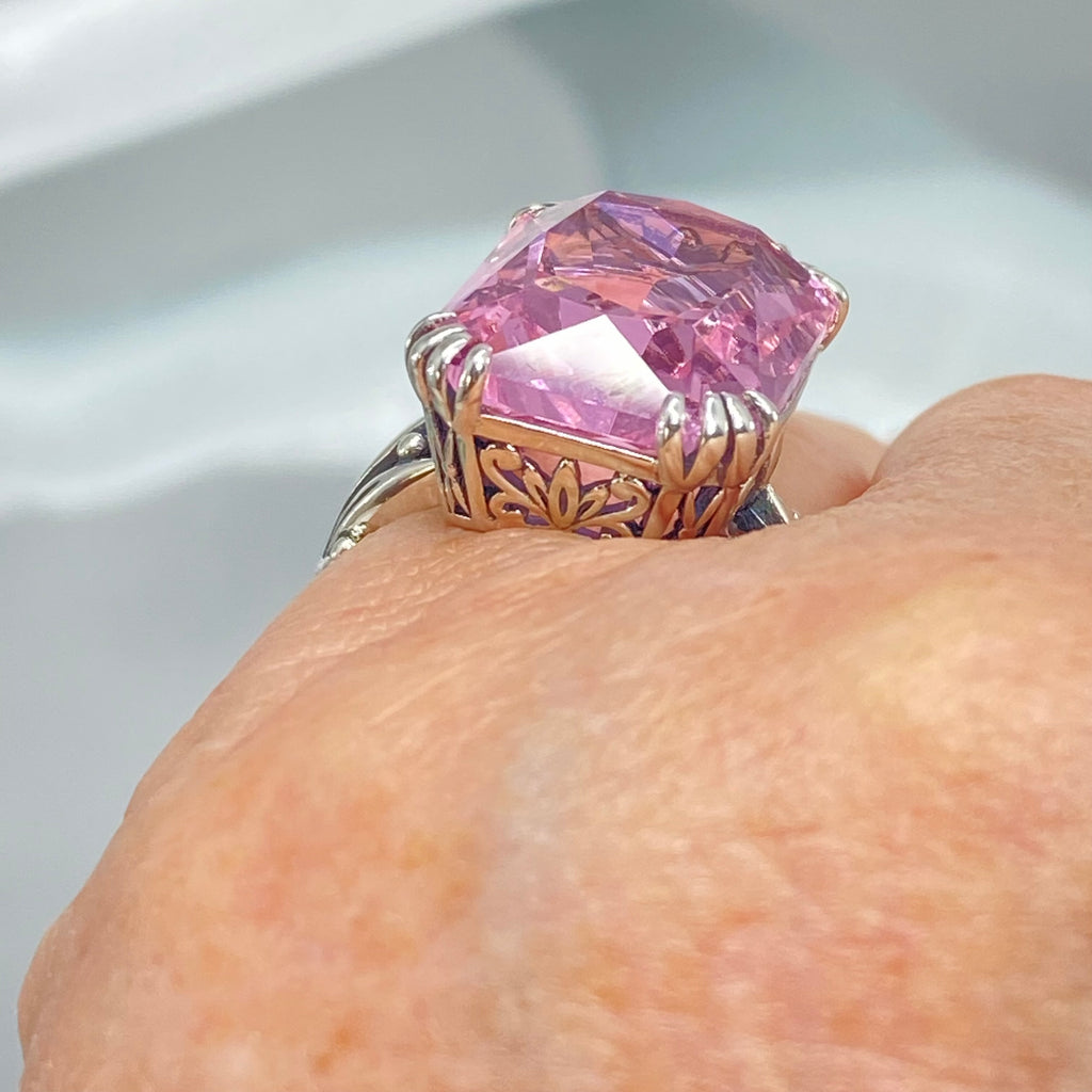 Pink Topaz ring, Luv Design, Rectangle Cushion Cut Gem, Art Nouveau Sterling Silver Filigree, Silver Embrace Jewelry, D109