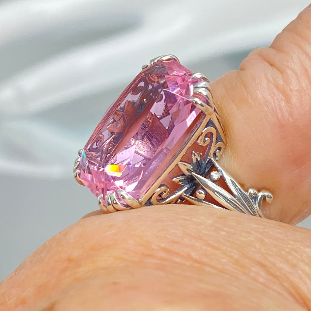Pink Topaz ring, Luv Design, Rectangle Cushion Cut Gem, Art Nouveau Sterling Silver Filigree, Silver Embrace Jewelry, D109