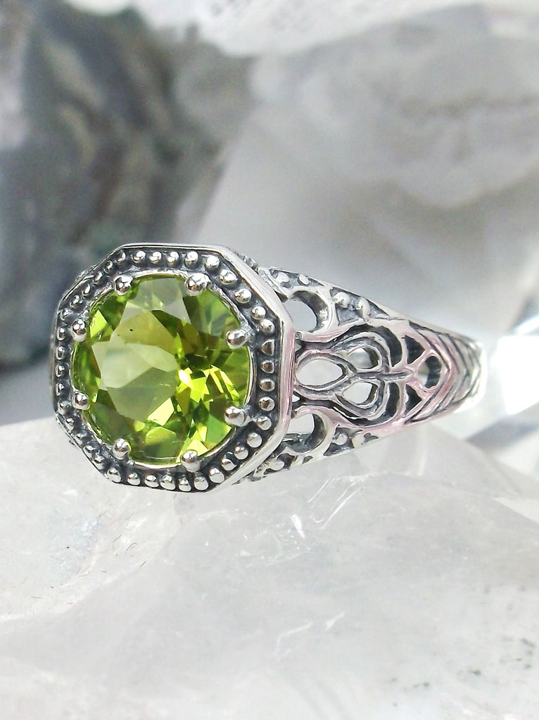 Natural Peridot Ring, Green Natural peridot, Victorian Filigree, Sterling silver or White Gold, Round gem, Silver Embrace Jewelry, New Vic, D11