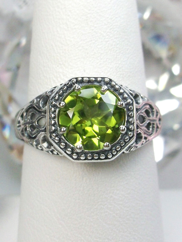 Natural Peridot Ring, Green Natural peridot, Victorian Filigree, Sterling silver or White Gold, Round gem, Silver Embrace Jewelry, New Vic, D11