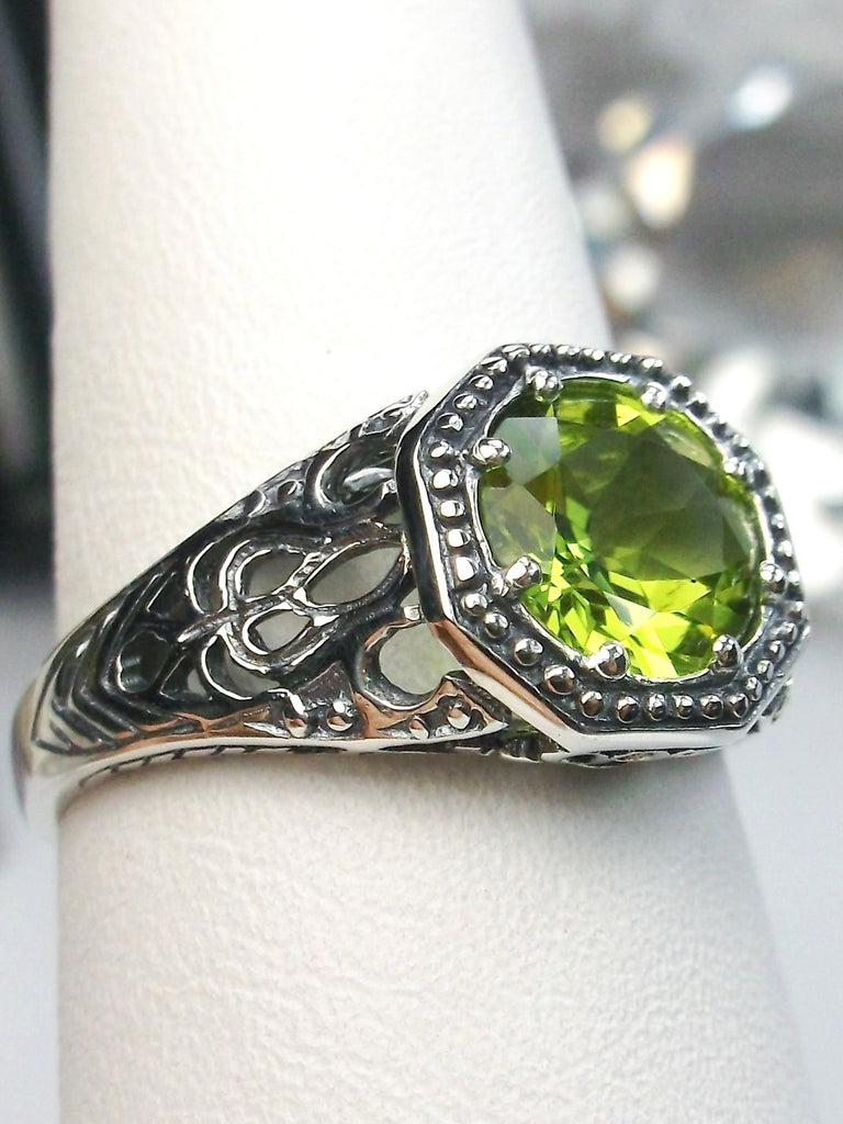 Natural Peridot Ring, Green Natural peridot, Victorian Filigree, Sterling silver or White Gold, Round gem, Silver Embrace Jewelry, New Vic, D11