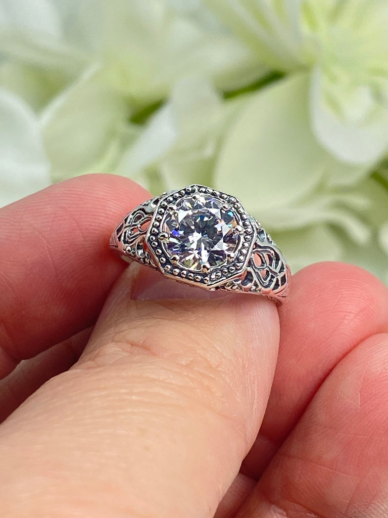 White CZ Ring, Sparkling Moissanite or White CZ Gemstone, New Victorian sterling silver filigree jewelry, silver embrace Jewelry, D11