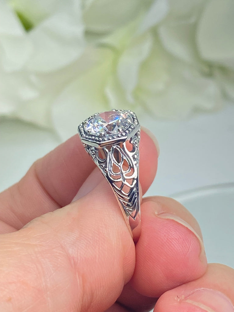 White CZ Ring, Sparkling Moissanite or White CZ Gemstone, New Victorian sterling silver filigree jewelry, silver embrace Jewelry, D11