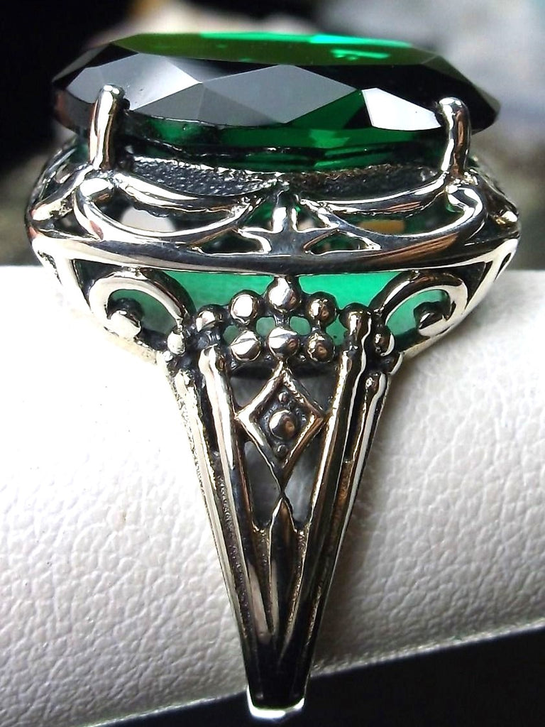 Green Emerald Ring, Retro Swirl Ring, Sterling Silver Filigree, Vintage Jewelry, Antique Reproduction Jewelry, Silver Embrace Jewelry, D119