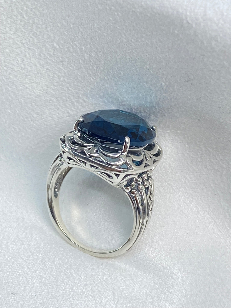 London Blue Topaz Ring, Retro Swirl Filigree, Sterling silver filigree, Art Deco Jewelry, Silver Embrace Jewelry, D119