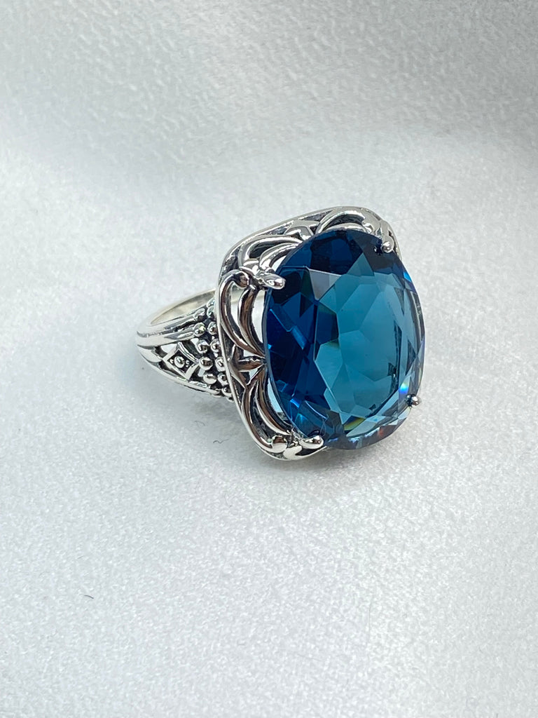 London Blue Topaz Ring, Retro Swirl Filigree, Sterling silver filigree, Art Deco Jewelry, Silver Embrace Jewelry, D119