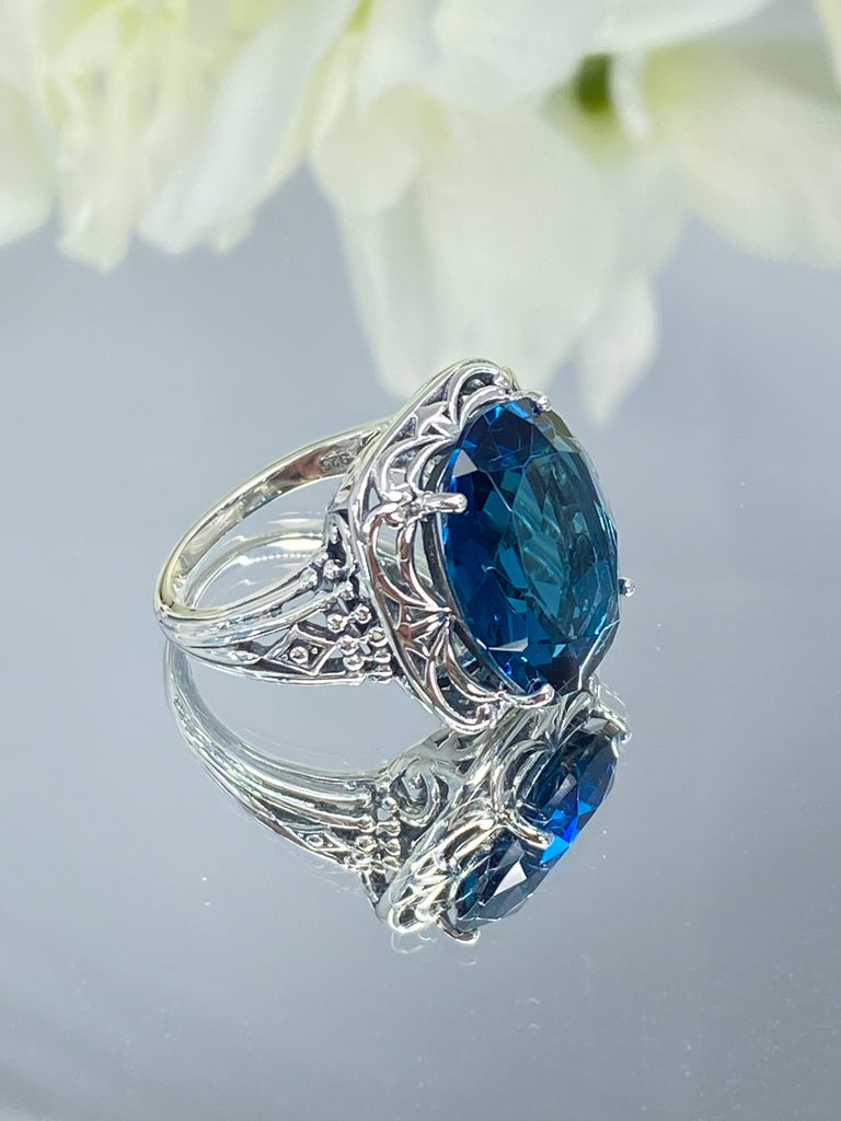 London Blue Topaz Ring, Retro Swirl Filigree, Sterling silver filigree, Art Deco Jewelry, Silver Embrace Jewelry, D119