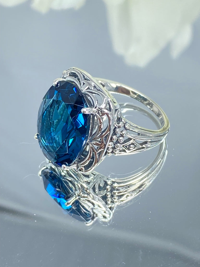 London Blue Topaz Ring, Retro Swirl Filigree, Sterling silver filigree, Art Deco Jewelry, Silver Embrace Jewelry, D119