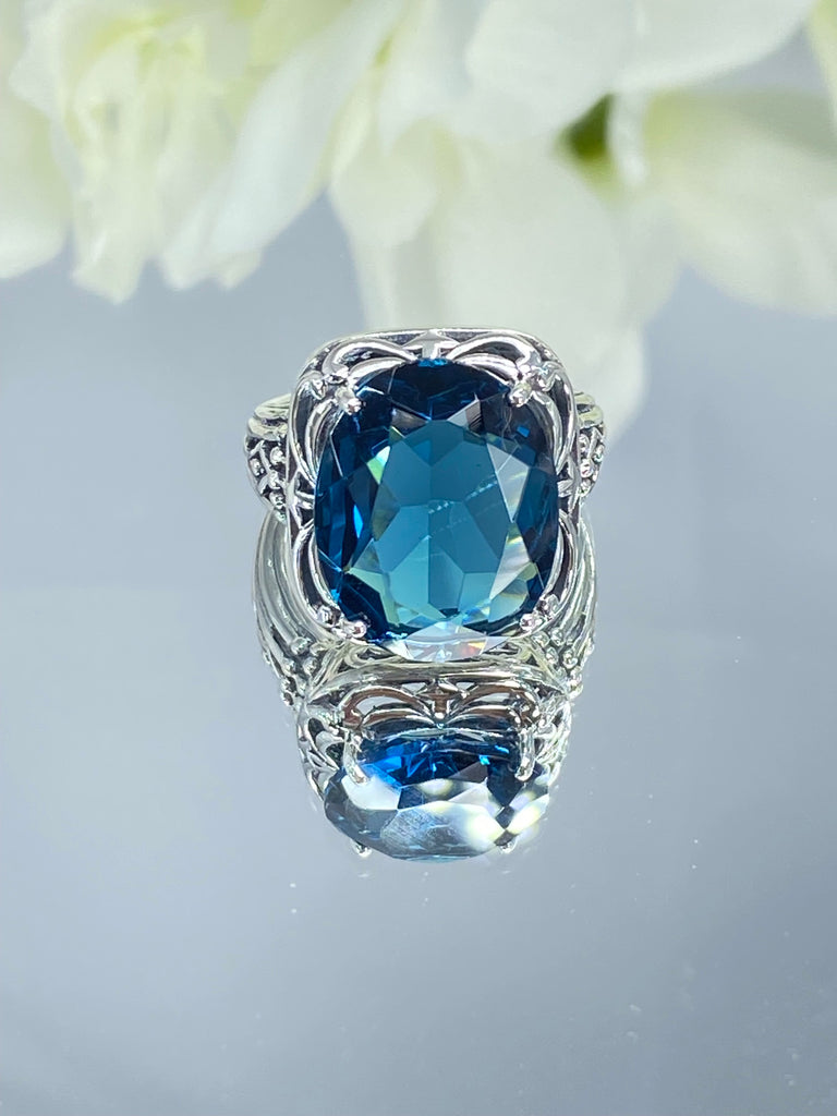 London Blue Topaz Ring, Retro Swirl Filigree, Sterling silver filigree, Art Deco Jewelry, Silver Embrace Jewelry, D119