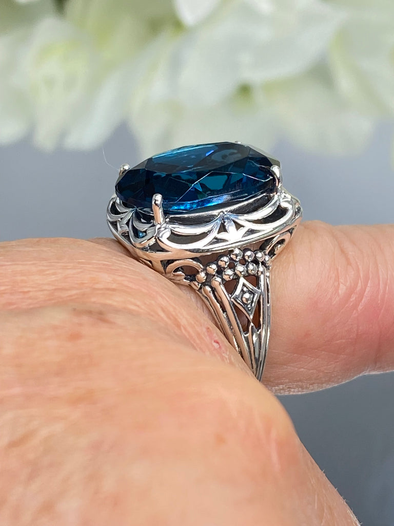 London Blue Topaz Ring, Retro Swirl Filigree, Sterling silver filigree, Art Deco Jewelry, Silver Embrace Jewelry, D119