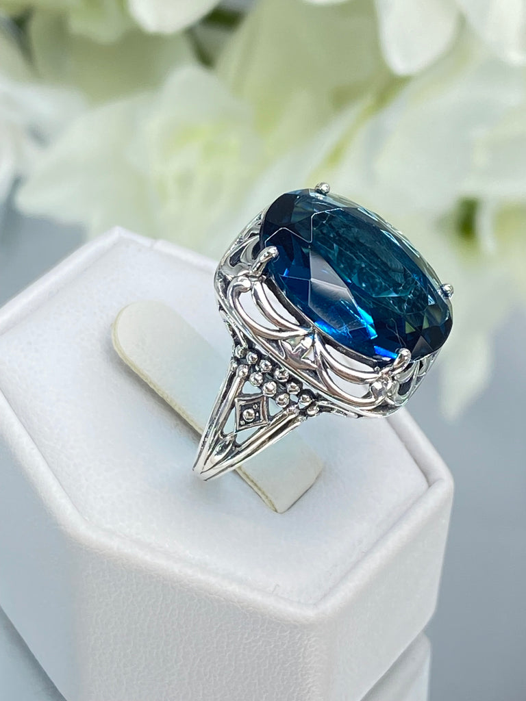 London Blue Topaz Ring, Retro Swirl Filigree, Sterling silver filigree, Art Deco Jewelry, Silver Embrace Jewelry, D119