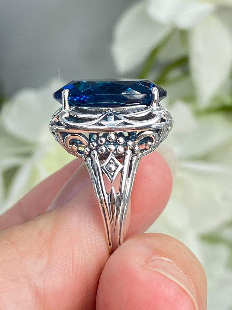 London Blue Topaz Ring, Retro Swirl Filigree, Sterling silver filigree, Art Deco Jewelry, Silver Embrace Jewelry, D119