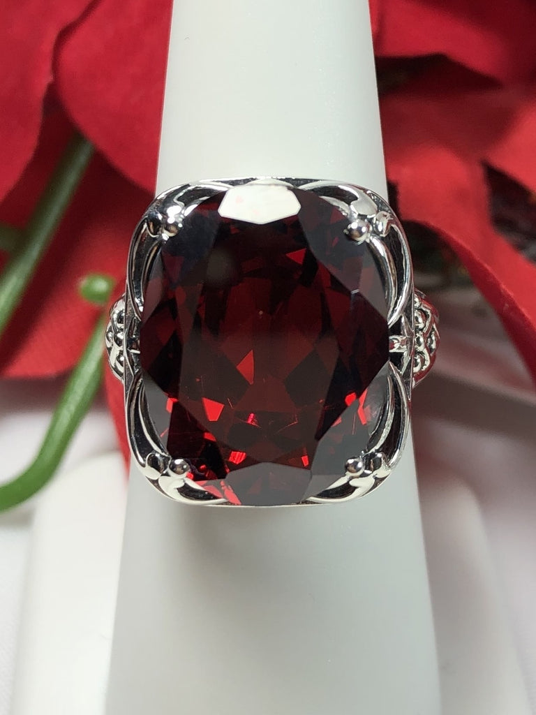 Red Garnet Cubic Zirconia (CZ) Ring, Retro Swirl Ring, Sterling Silver Filigree, Vintage Jewelry, Antique Reproduction Jewelry, Silver Embrace Jewelry, D119