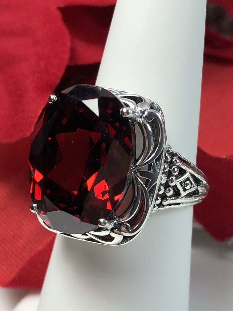 Red Garnet Cubic Zirconia (CZ) Ring, Retro Swirl Ring, Sterling Silver Filigree, Vintage Jewelry, Antique Reproduction Jewelry, Silver Embrace Jewelry, D119