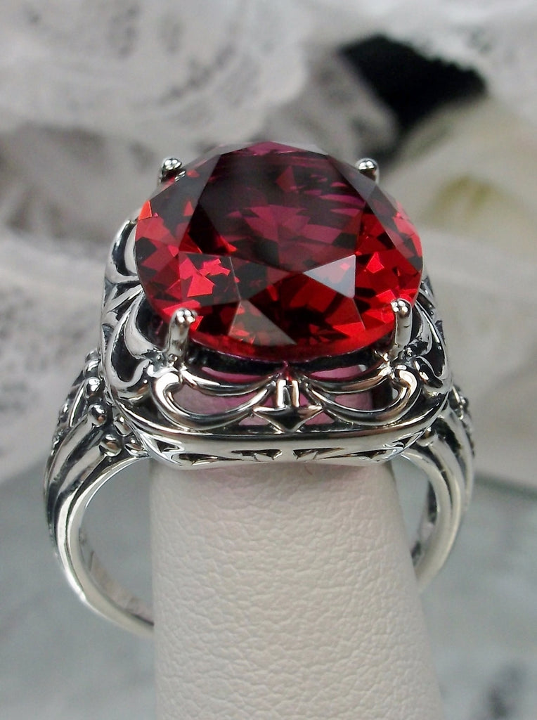Red Ruby Ring, Retro Swirl Ring, Sterling Silver Filigree, Vintage Jewelry, Antique Reproduction Jewelry, Silver Embrace Jewelry, D119