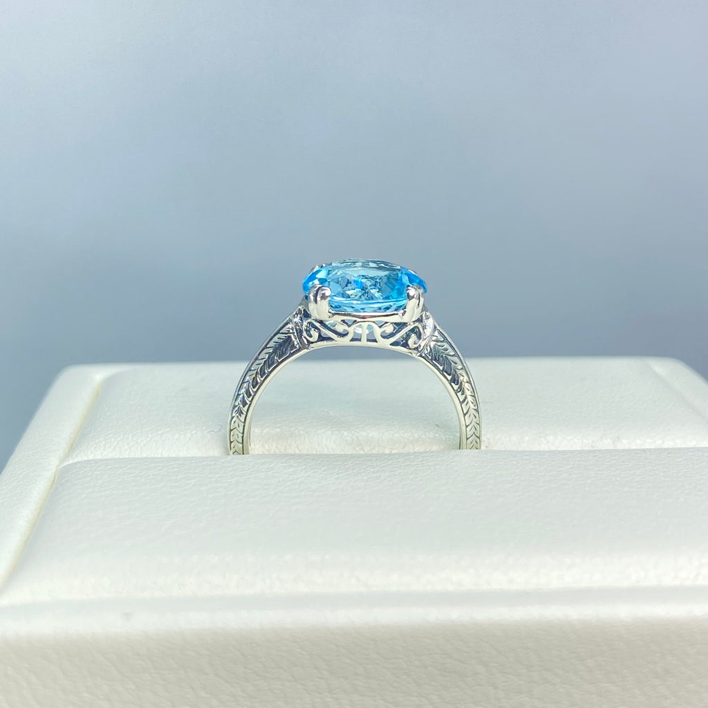 natural Blue Topaz Ring, Button Design, Sterling Silver Filigree, Art Deco Jewelry, Silver Embrace Jewelry D12