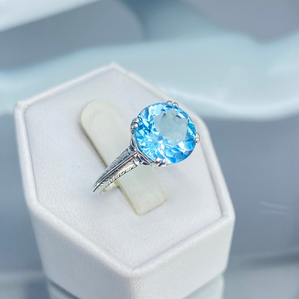 natural Blue Topaz Ring, Button Design, Sterling Silver Filigree, Art Deco Jewelry, Silver Embrace Jewelry D12