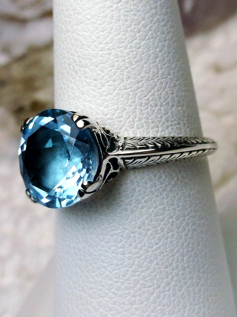 natural Blue Topaz Ring, Button Design, Sterling Silver Filigree, Art Deco Jewelry, Silver Embrace Jewelry D12