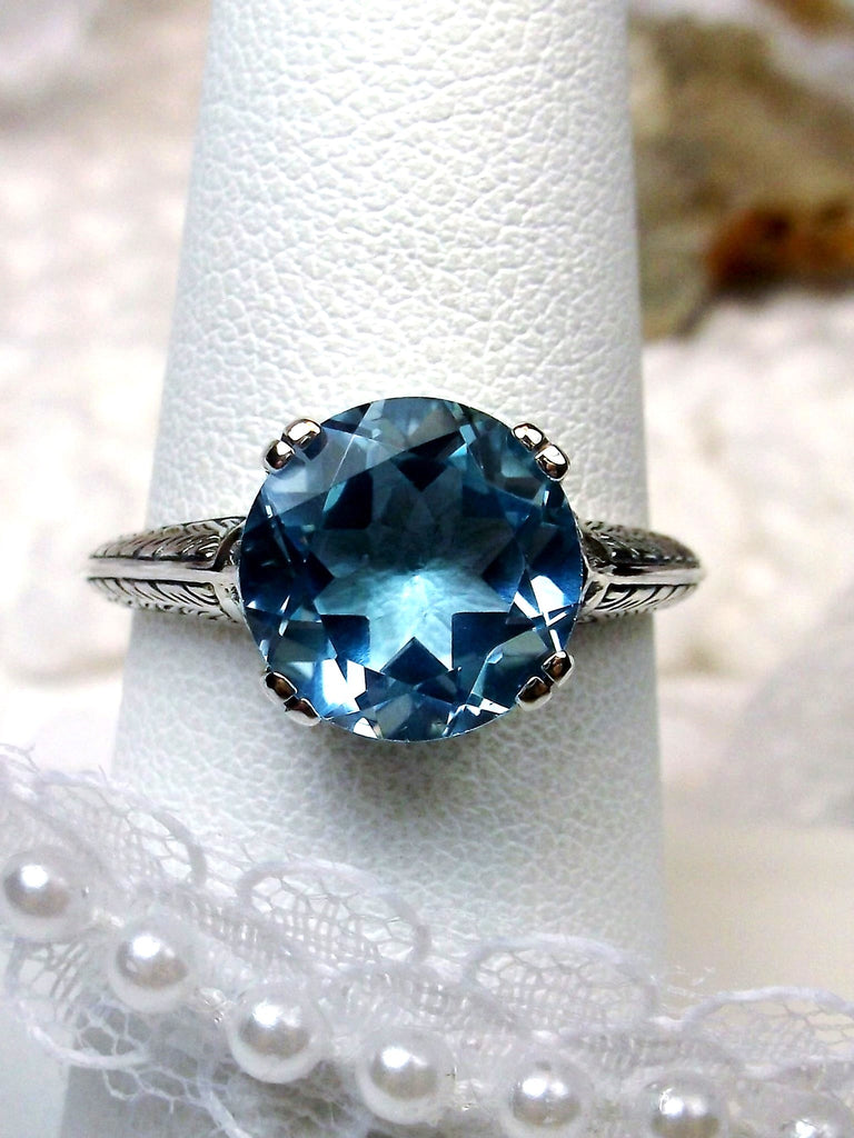 natural Blue Topaz Ring, Button Design, Sterling Silver Filigree, Art Deco Jewelry, Silver Embrace Jewelry D12