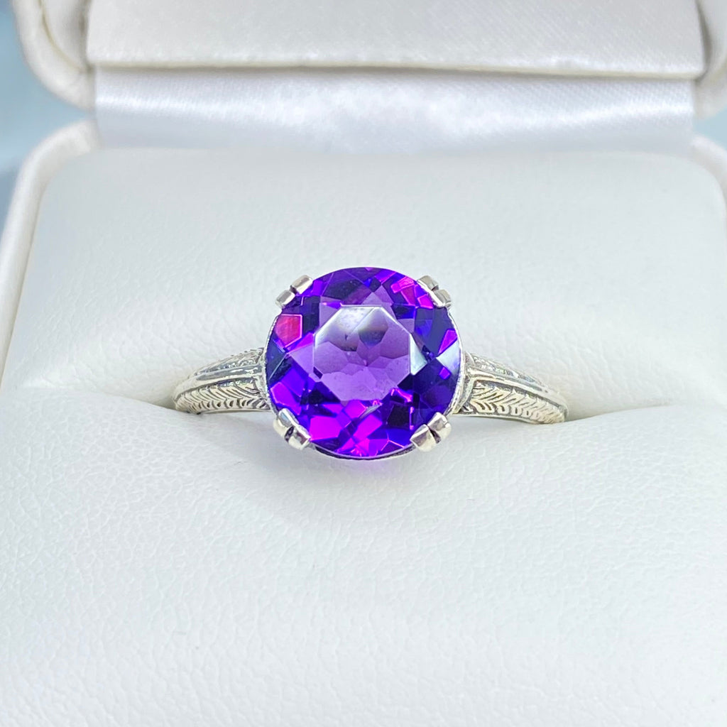 Natural Amethyst Ring, Purple Gem, Art deco jewelry, Sterling silver filigree, silver embrace jewelry, D12 Button Ring