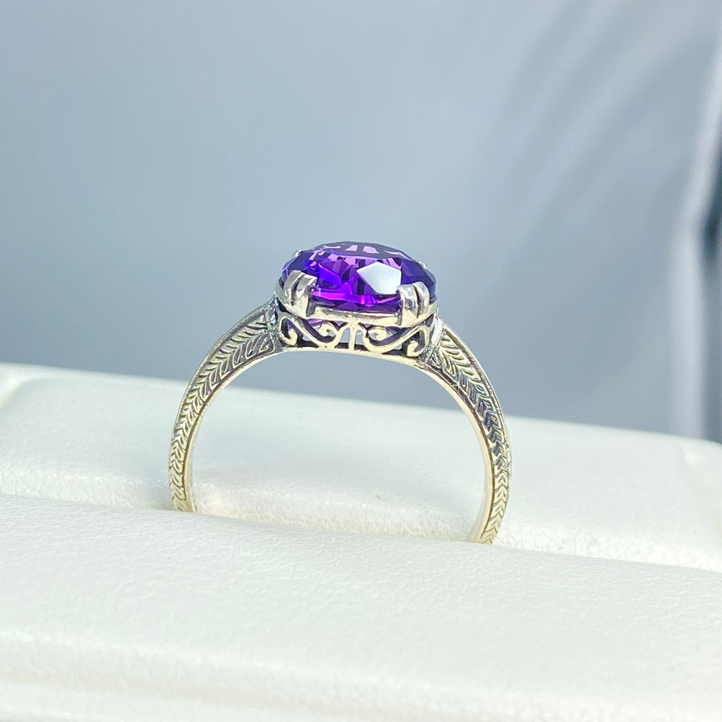 Amethyst Ring, Simulated Gemstone, Button ring, sterling silver filigree, Silver Embrace jewelry, D12