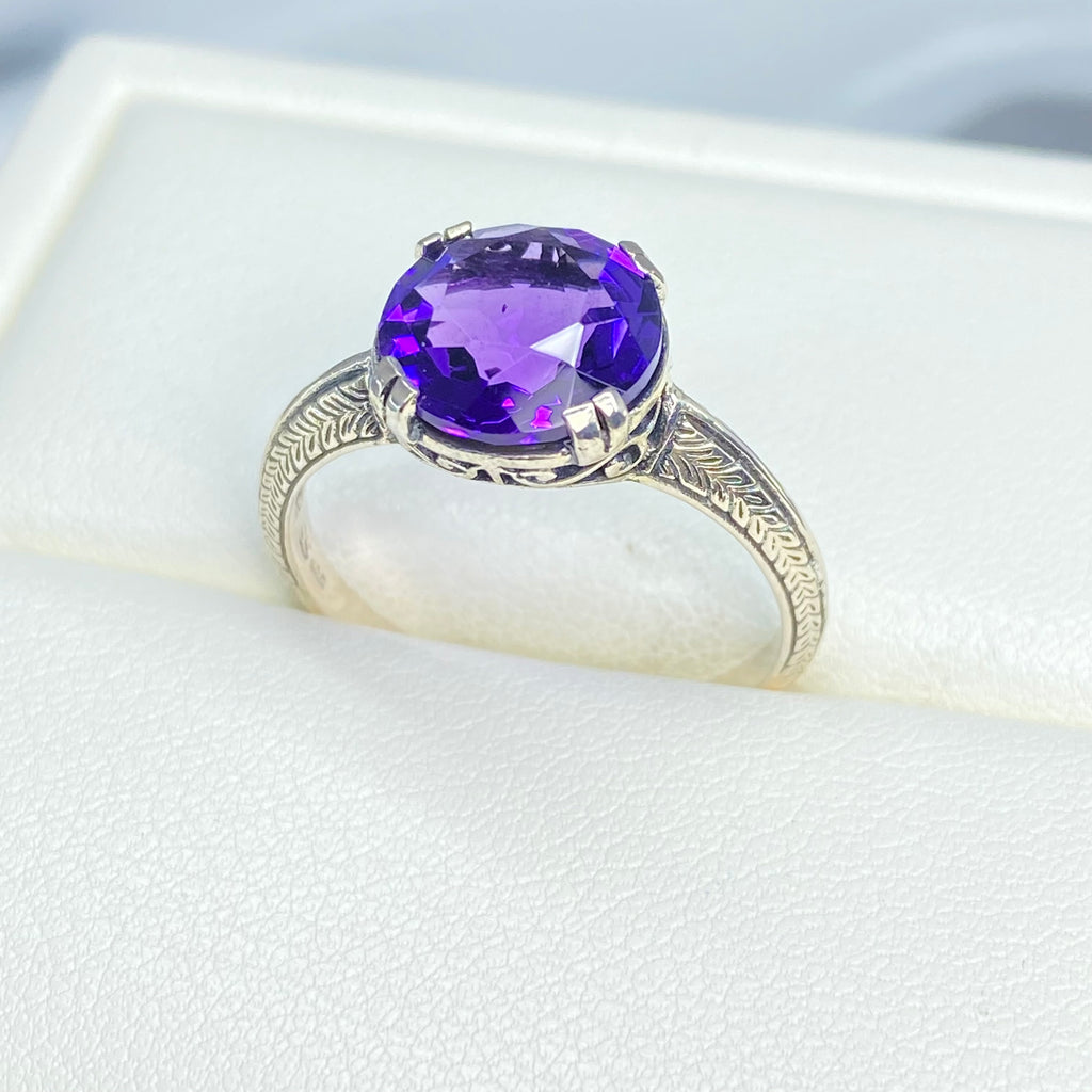 Amethyst Ring, Simulated Gemstone, Button ring, sterling silver filigree, Silver Embrace jewelry, D12