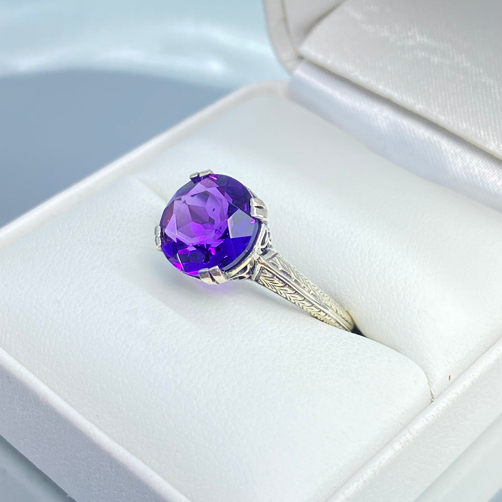 Amethyst Ring, Simulated Gemstone, Button ring, sterling silver filigree, Silver Embrace jewelry, D12