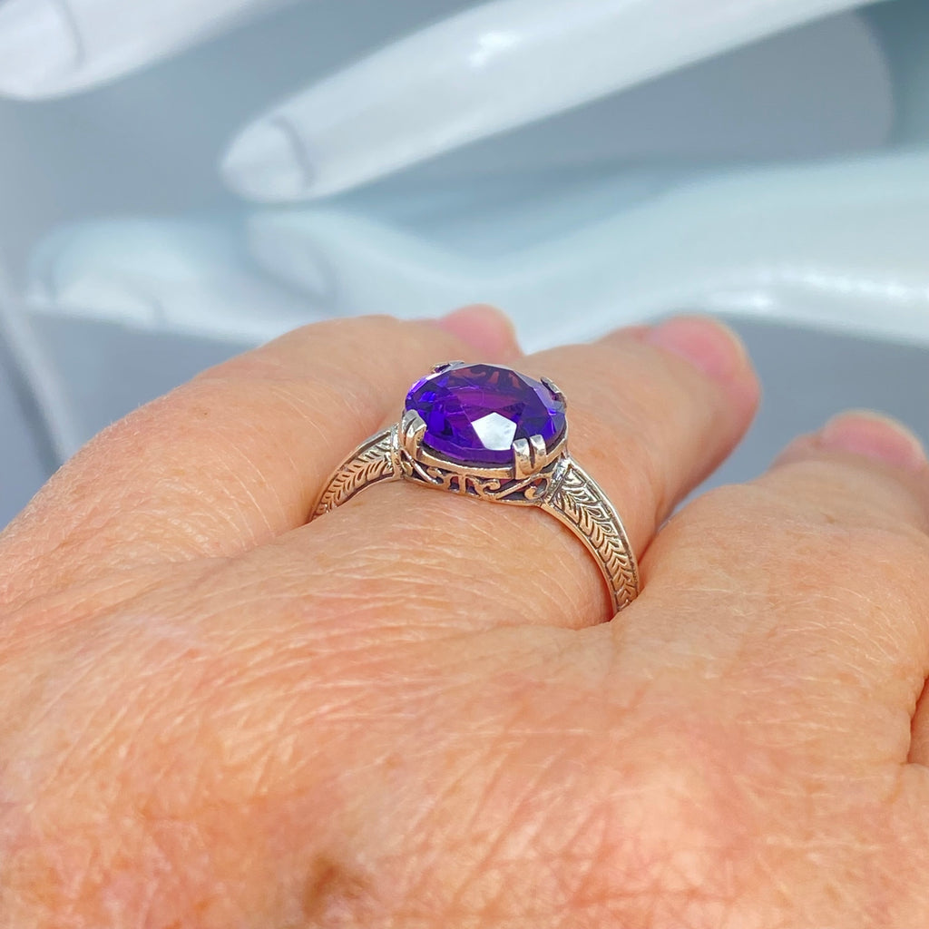 Amethyst Ring, Simulated Gemstone, Button ring, sterling silver filigree, Silver Embrace jewelry, D12