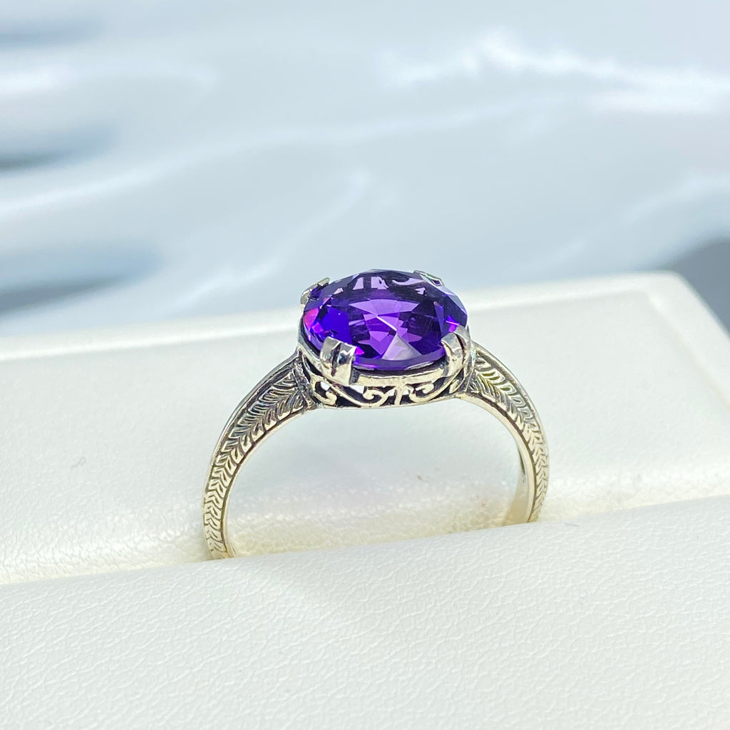 Amethyst Ring, Simulated Gemstone, Button ring, sterling silver filigree, Silver Embrace jewelry, D12