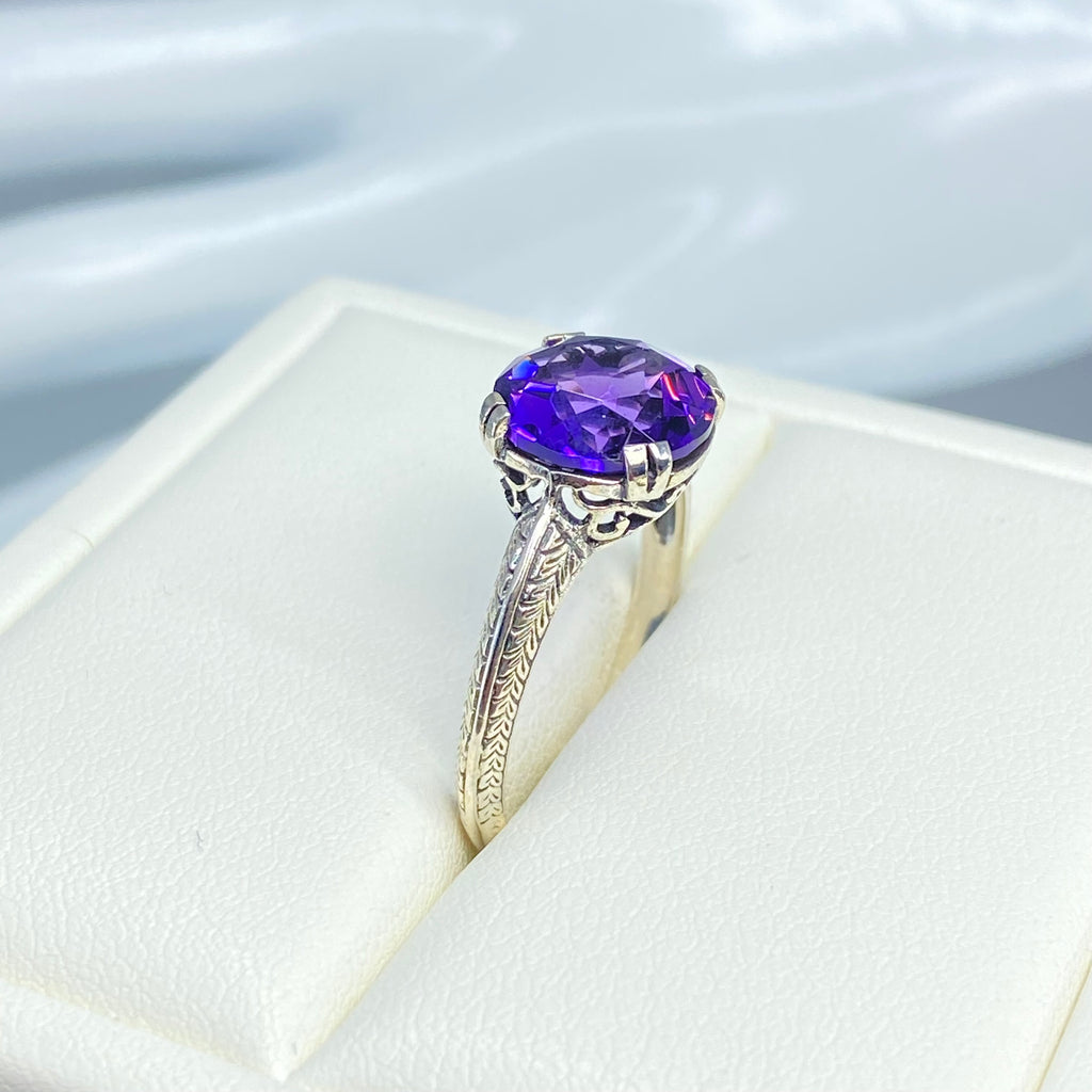 Amethyst Ring, Simulated Gemstone, Button ring, sterling silver filigree, Silver Embrace jewelry, D12