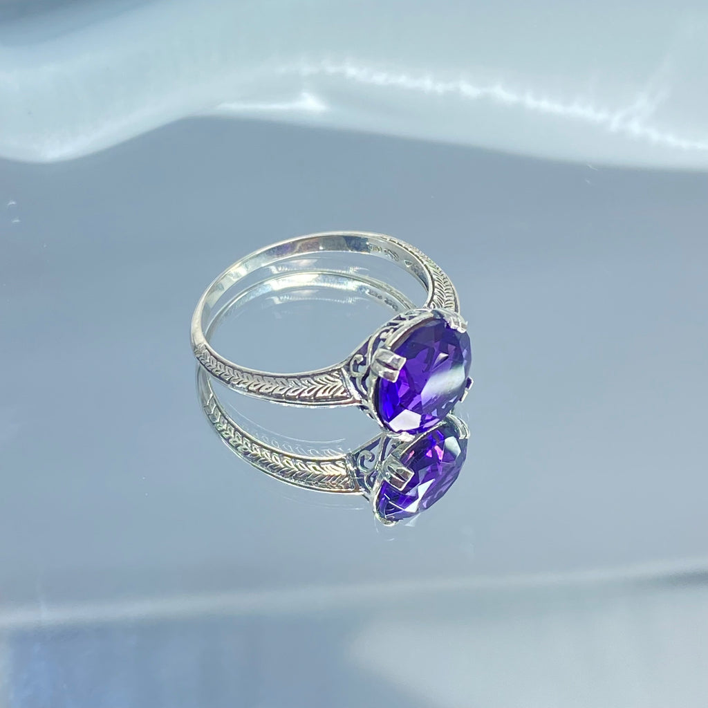 Amethyst Ring, Simulated Gemstone, Button ring, sterling silver filigree, Silver Embrace jewelry, D12