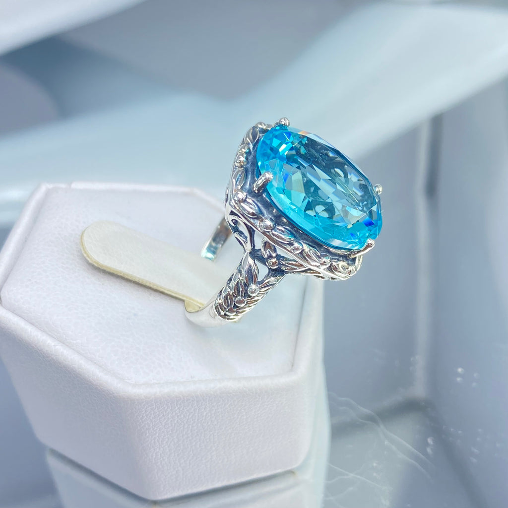 Sky Blue Aquamarine Ring, Leaf Accent Ring, Choice of Simulated Gemstone, Sterling silver Art Nouveau Filigree, Silver Embrace Jewelry, Leaf Accent, D120