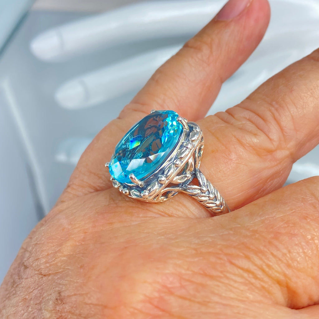 Sky Blue Aquamarine Ring, Leaf Accent Ring, Choice of Simulated Gemstone, Sterling silver Art Nouveau Filigree, Silver Embrace Jewelry, Leaf Accent, D120