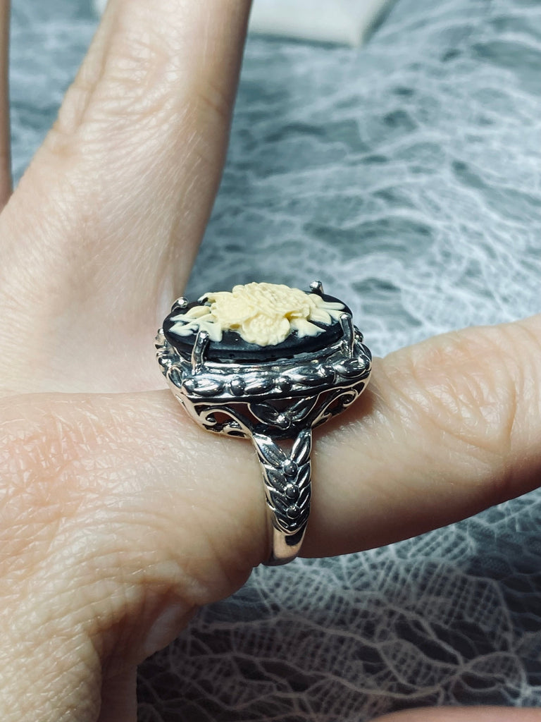 Cameo Ring, Ivory Bouquet, Black Background, Sterling Silver Filigree, Vintage Reproduction Jewelry, Leaf Accent Design, Silver Embrace Jewelry, D120