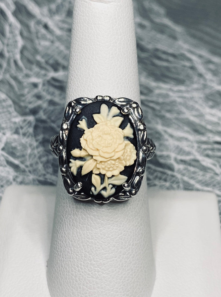 Cameo Ring, Ivory Bouquet, Black Background, Sterling Silver Filigree, Vintage Reproduction Jewelry, Leaf Accent Design, Silver Embrace Jewelry, D120
