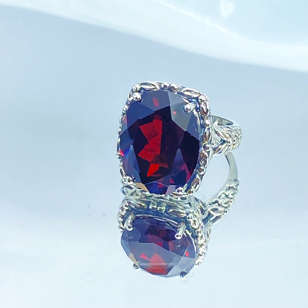 Red Garnet CZ Ring, 12 ct Oval Garnet Cubic Zirconia, Leaf Accent Vintage Jewelry, Sterling Silver Jewelry, Silver Embrace Jewelry, D120 Leaf Accent Ring